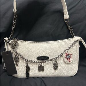 Ed Hardy Cream Shoulder Bag with Skull Charms